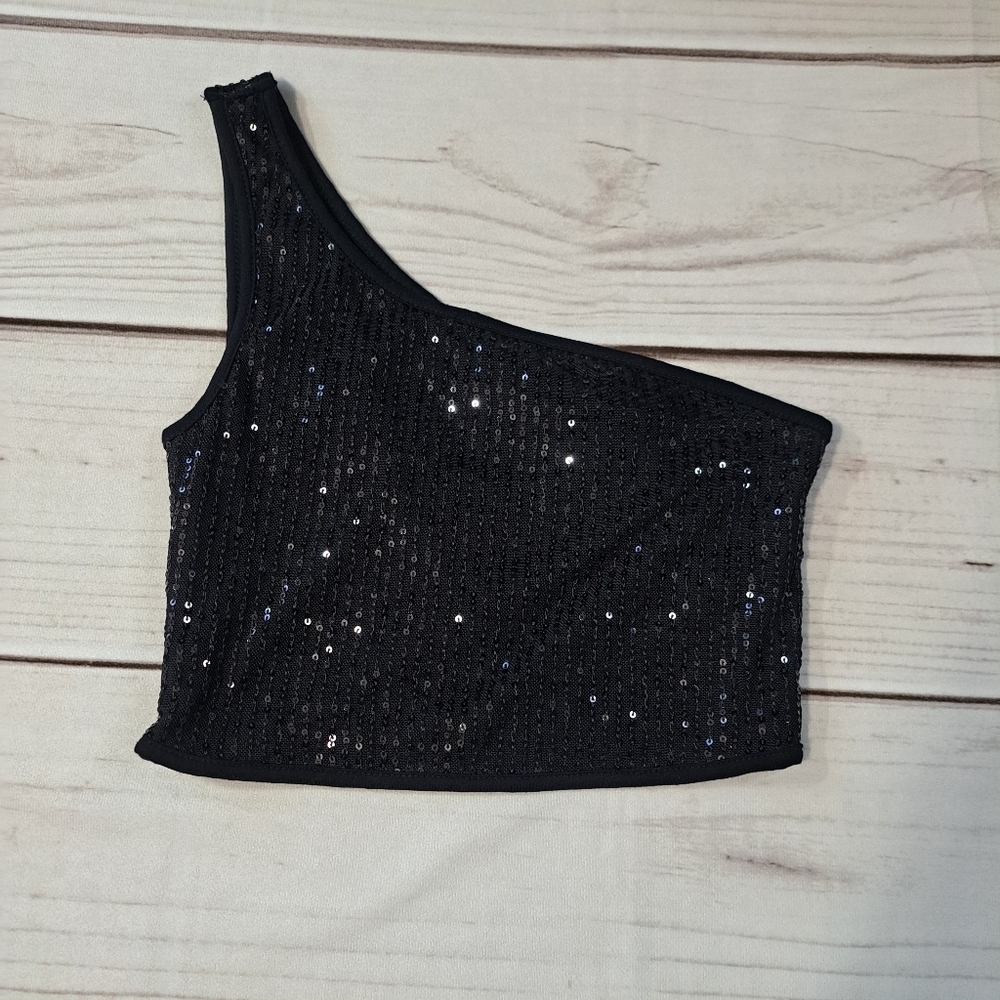 Black Sequin One-Shoulder Crop Top Size XS